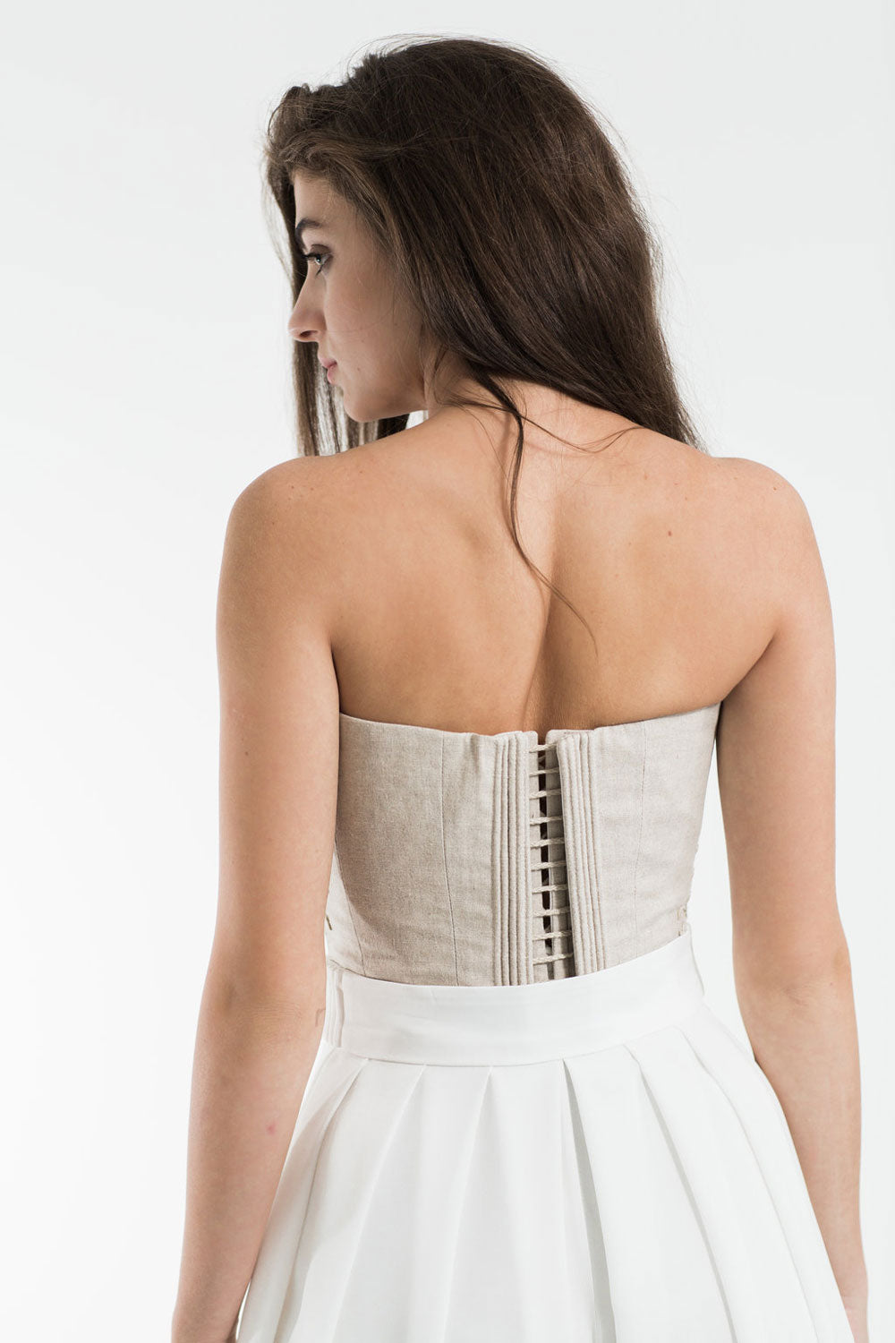 Black Cotton Sateen Corset With White Flossing & Woven Trim by P. N.